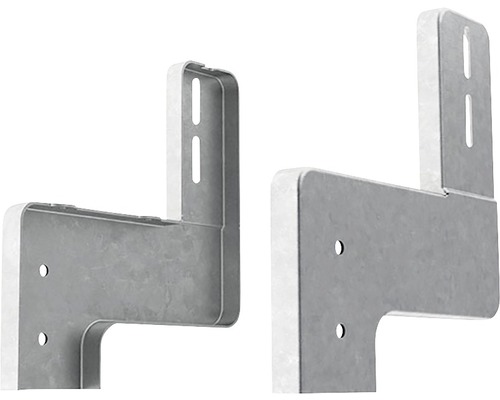 Vue détaillée de deux supports muraux en métal avec trous de fixation