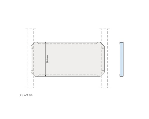 Illustration d''une plaque de construction d''une épaisseur de 0,75 mm et d''une longueur de 290 mm.