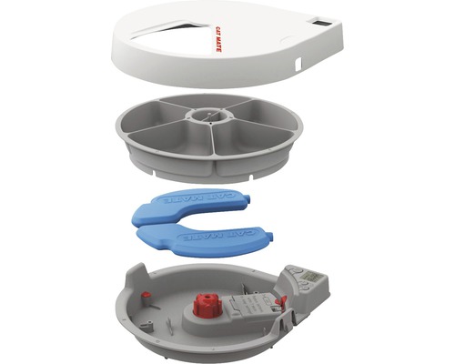 Vue éclatée d''un distributeur automatique de nourriture pour chats Cat Mate avec accumulateurs de froid, minuterie et six compartiments à nourriture