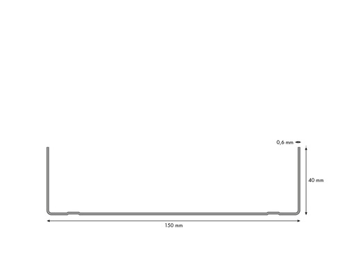 Dessin technique d''un profilé métallique avec des dimensions de 150 mm de longueur, 40 mm de hauteur et 0,6 mm d''épaisseur.