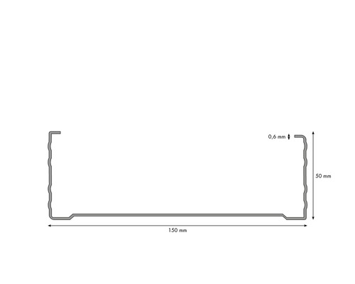 Technische Zeichnung eines Metallprofils mit den Maßen 150 mm Länge, 50 mm Höhe und 0,6 mm Dicke