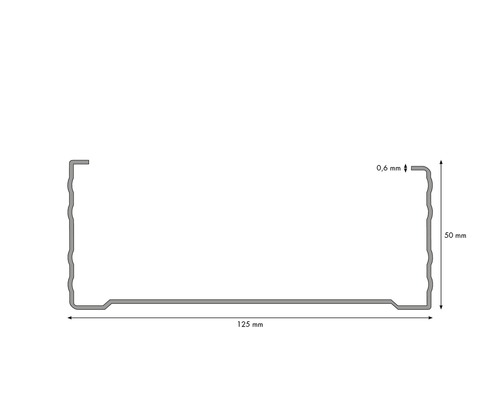 Profilschiene mit den Maßen 125 mm Länge, 50 mm Höhe und 0,6 mm Dicke.