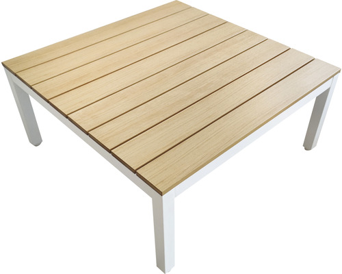 Quadratischer Gartentisch mit Holzplatte und Metallgestell