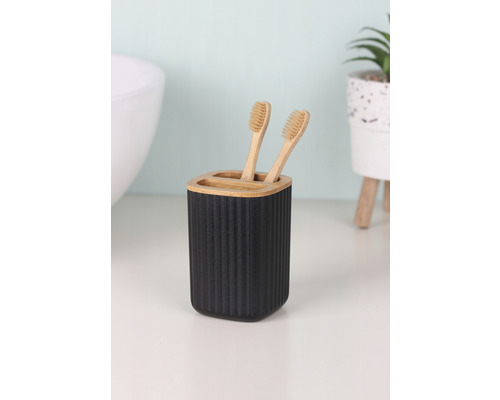 Porte-brosse à dents noir en bambou avec deux brosses à dents