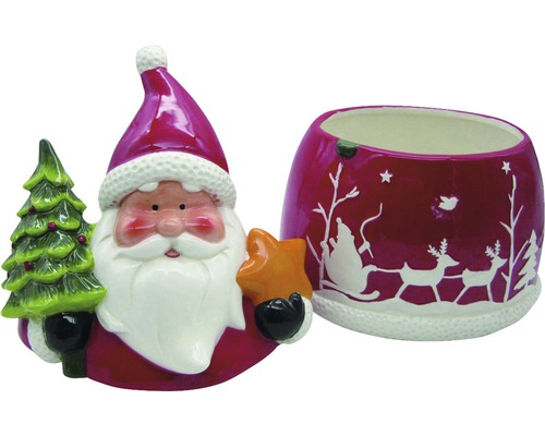 Ensemble décoratif en céramique comprenant une figurine de Père Noël avec un arbre et une étoile, ainsi qu''un cache-pot assorti avec des motifs hivernaux