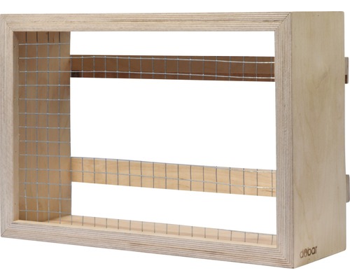 Holzregal mit Drahtgitter