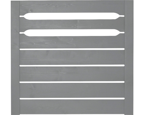 Grauer Holzzaun mit horizontalen Latten und Schlitzen