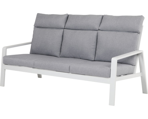 Canapé de jardin gris trois places avec structure blanche.