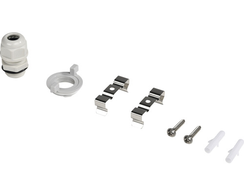 Kabeleinführung, Kontermutter, zwei Halteklammern, zwei Schrauben und zwei Dübel