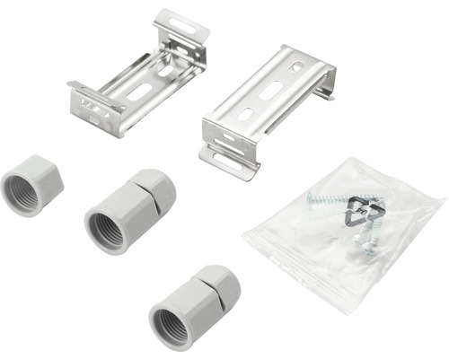 Matériel d''installation pour sanitaires, comprenant supports, raccords vissés et matériel de fixation.