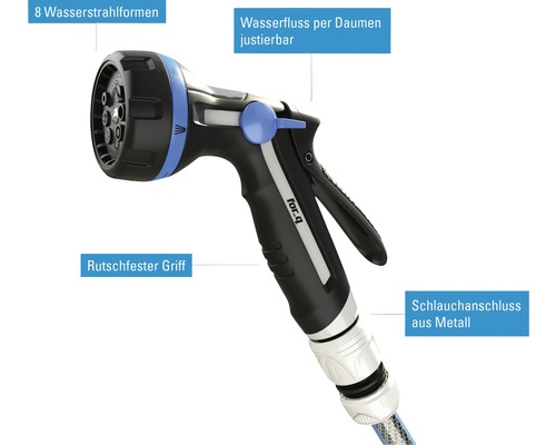 Gartenspritze mit acht verschiedenen Strahlformen, Daumensteuerung und rutschfestem Griff