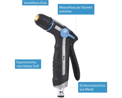 Gartenspritze mit verstellbarer Düse, Daumensteuerung und Metallanschluss