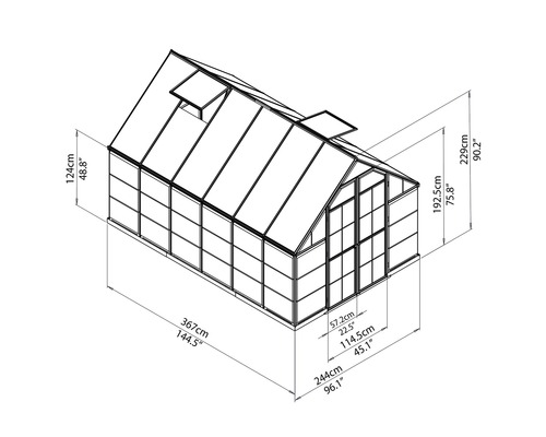Technische Zeichnung eines Gewächshauses mit Maßangaben