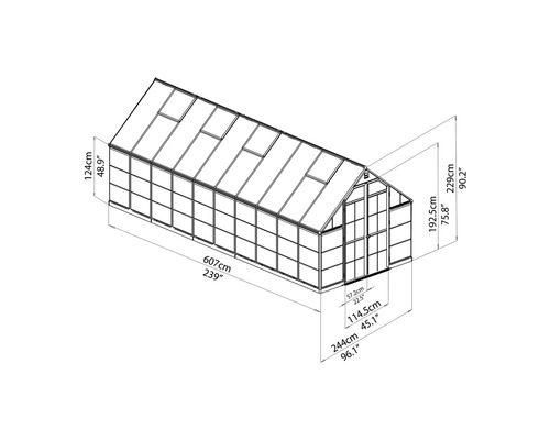 Technische Zeichnung eines Gewächshauses mit Maßangaben