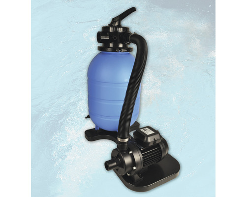 Sandfilteranlage für Pools mit Pumpe und Filterbehälter.