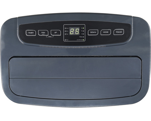 Bedienfeld eines mobilen Klimageräts mit Timer-, Lüfter-, Auf-, Ab-, Modus- und Netzschalter.