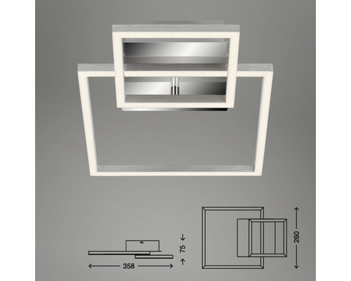 Quadratische Deckenleuchte mit LED-Beleuchtung und Maßangaben