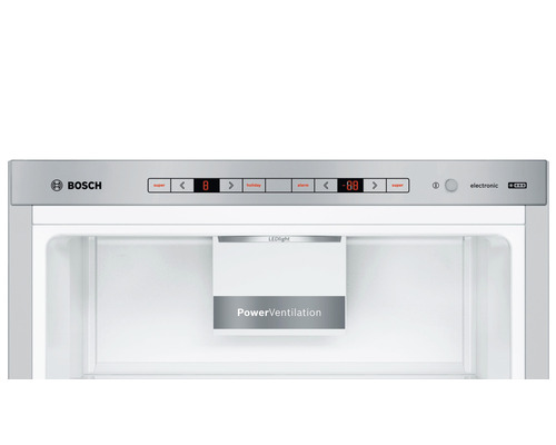 Vue intérieure d''un réfrigérateur avec des commandes et le logo Bosch