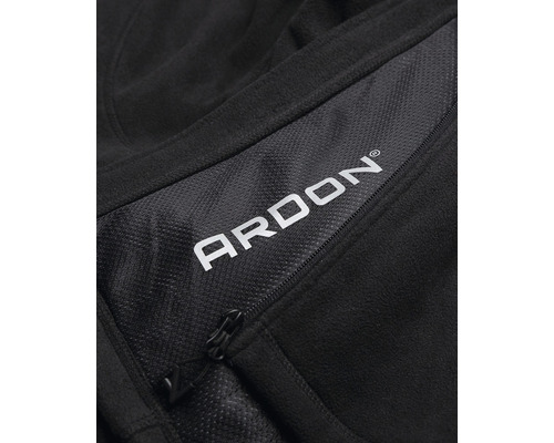 Vue détaillée d''une veste de travail noire avec le logo Ardon et une fermeture éclair