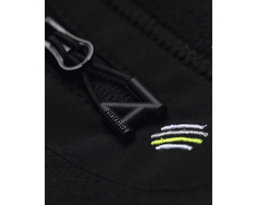 Gros plan sur une veste noire avec le logo Ardon et une fermeture éclair