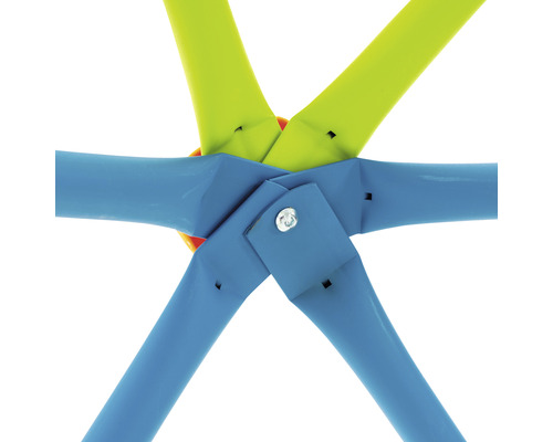 Detailansicht einer bunten Metallkonstruktion, verbunden mit Schrauben