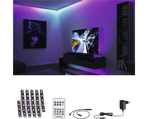 Paulmann LED-Strip im Wohnzimmer mit Zubehör wie Fernbedienung und Netzteil
