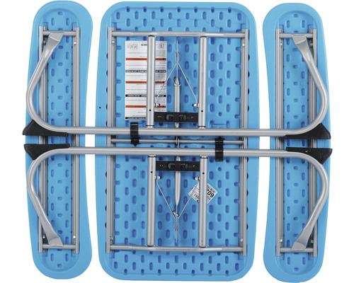 Zusammengeklappter, blauer Klapptisch mit Stahlrahmen