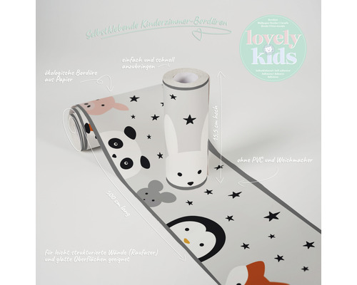 Selbstklebende Kinderzimmer Bordüre mit Tiermotiven und Sternen, 500 Zentimeter lang und 15,5 Zentimeter hoch