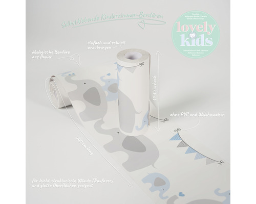 Selbstklebende Papierbordüre für das Kinderzimmer mit Elefantenmuster, 500 cm lang und 15,5 cm hoch