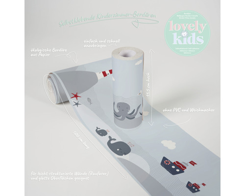 Selbstklebende Kinderzimmer Bordüre mit maritimem Muster, 15,5 cm hoch und 500 cm lang, geeignet für leicht strukturierte Wände