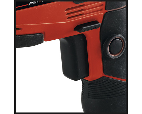 Detailansicht eines Akku-Bohrschraubers mit Schalter und Griff.