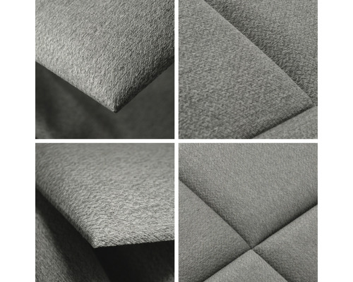 Detailansicht eines grauen, gesteppten Möbelbezugs.