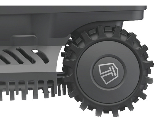 Vue détaillée d''une roue de robot tondeuse avec profil et logo du fabricant