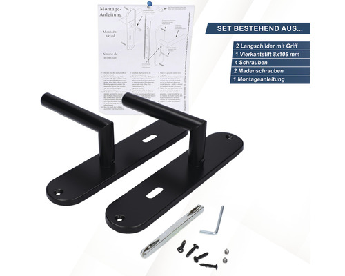 Türdrücker-Garnitur mit zwei Langschildern, Vierkantstift, Schrauben, Madenschrauben und Montageanleitung