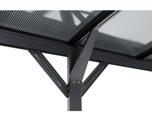 Detailansicht der stabilen Stützstruktur eines Pavillons mit transparentem Dach