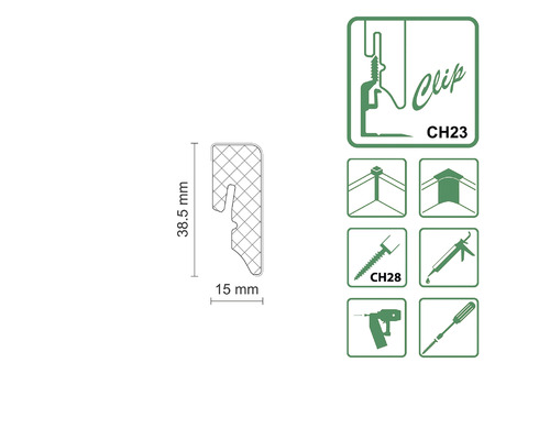 Clip CH23 avec indications de dimensions et symboles pour les options de montage