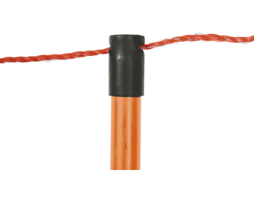 Vue détaillée d''un piquet de clôture de prairie orange avec un ruban de clôture de prairie rouge
