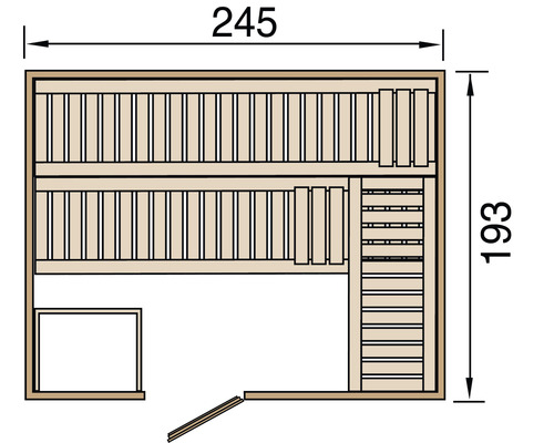 Plan d''une sauna avec des dimensions de 245 sur 193 centimètres