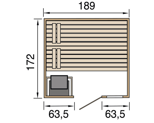 Grundriss einer Sauna mit Bemaßung