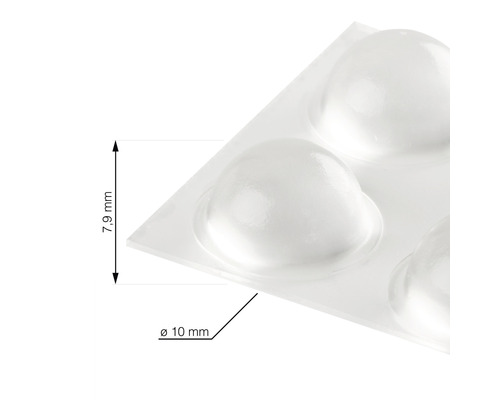 Transparente Puffer mit den Maßen 7,9 Millimeter Höhe und 10 Millimeter Durchmesser.