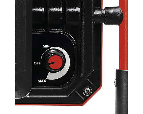 Gros plan d''un projecteur de chantier avec un bouton rotatif pour régler la luminosité minimale à maximale et une fonction d''arrêt