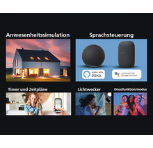 Funktionen: Anwesenheitssimulation, Sprachsteuerung, Timer und Zeitpläne, Lichtwecker, Disco Funktion