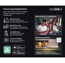 Crosslink.2 Produktinformationen zu Steuerungsmöglichkeiten, App-Steuerung, Sprachsteuerung, Fernbedienung, Zubehör, Installation und Bewegungssensor. App Store Logo. Google Play Logo.