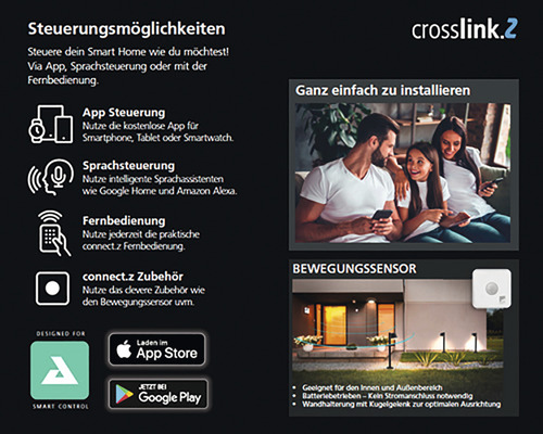 Crosslink.2 Produktinformationen zu Steuerungsmöglichkeiten, App-Steuerung, Sprachsteuerung, Fernbedienung, Zubehör, Installation und Bewegungssensor. App Store Logo. Google Play Logo.