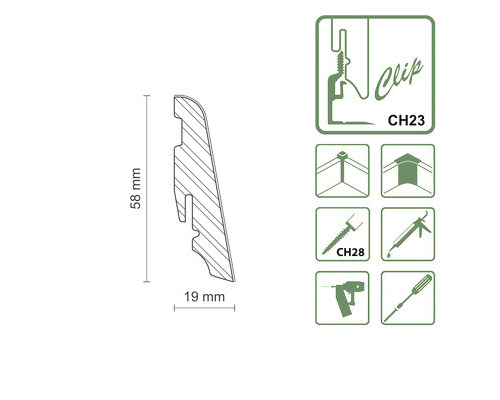 Diagramm einer Sockelleiste mit den Maßen 58 mm Höhe und 19 mm Breite sowie Symbole für die Montage.