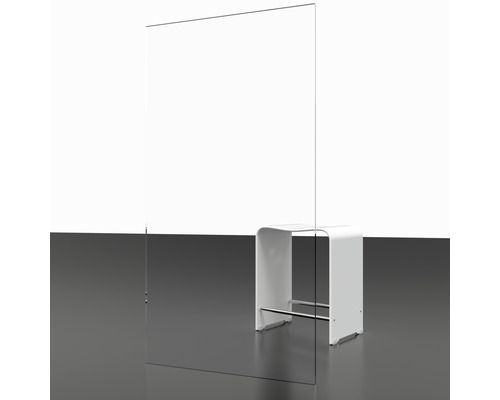 Freistehende transparente Schutzwand aus Glas mit Stuhl