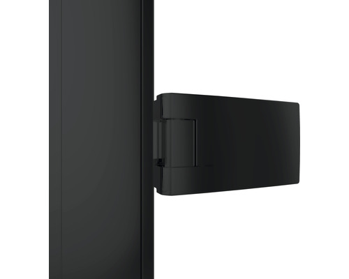 Detailansicht eines schwarzen Duschwandscharniers.