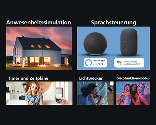 Funktionen: Anwesenheitssimulation, Sprachsteuerung, Timer, Zeitpläne, Lichtwecker und Disco Funktion.