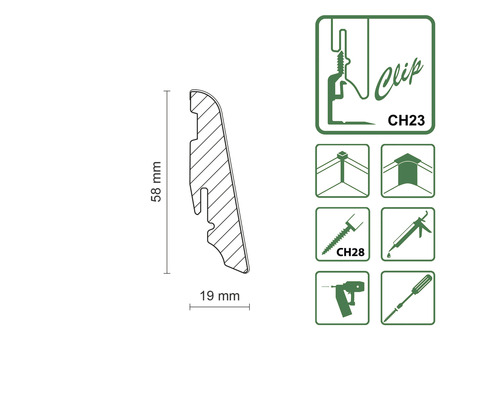 Dessin technique d''une plinthe avec fixation par clip et dimensions de 58 mm de hauteur et 19 mm de largeur, ainsi que des symboles pour les domaines d''application et le montage