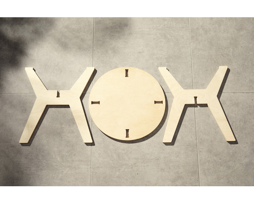 Einzelteile eines Holztisches bestehend aus einer runden Tischplatte und zwei Tischbeinen